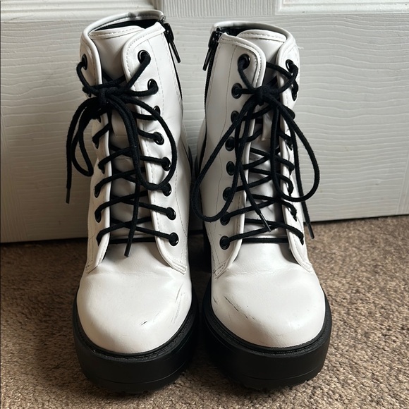 Soda Shoes - White and Black Combat Moto Boots